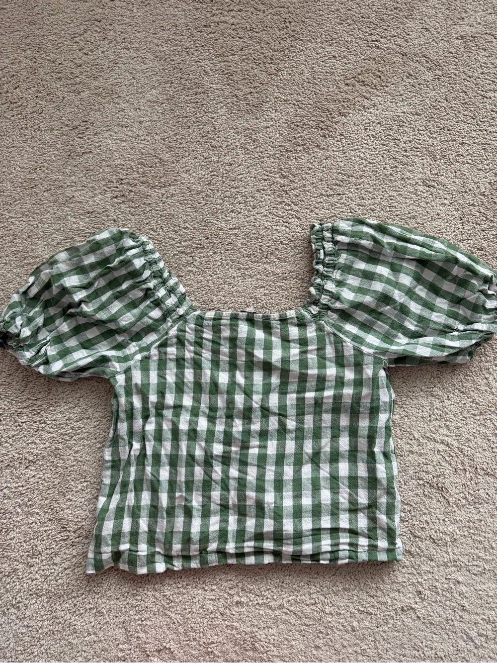 Madewell Green and White Gingham Puff Sleeve Button Front Blouse